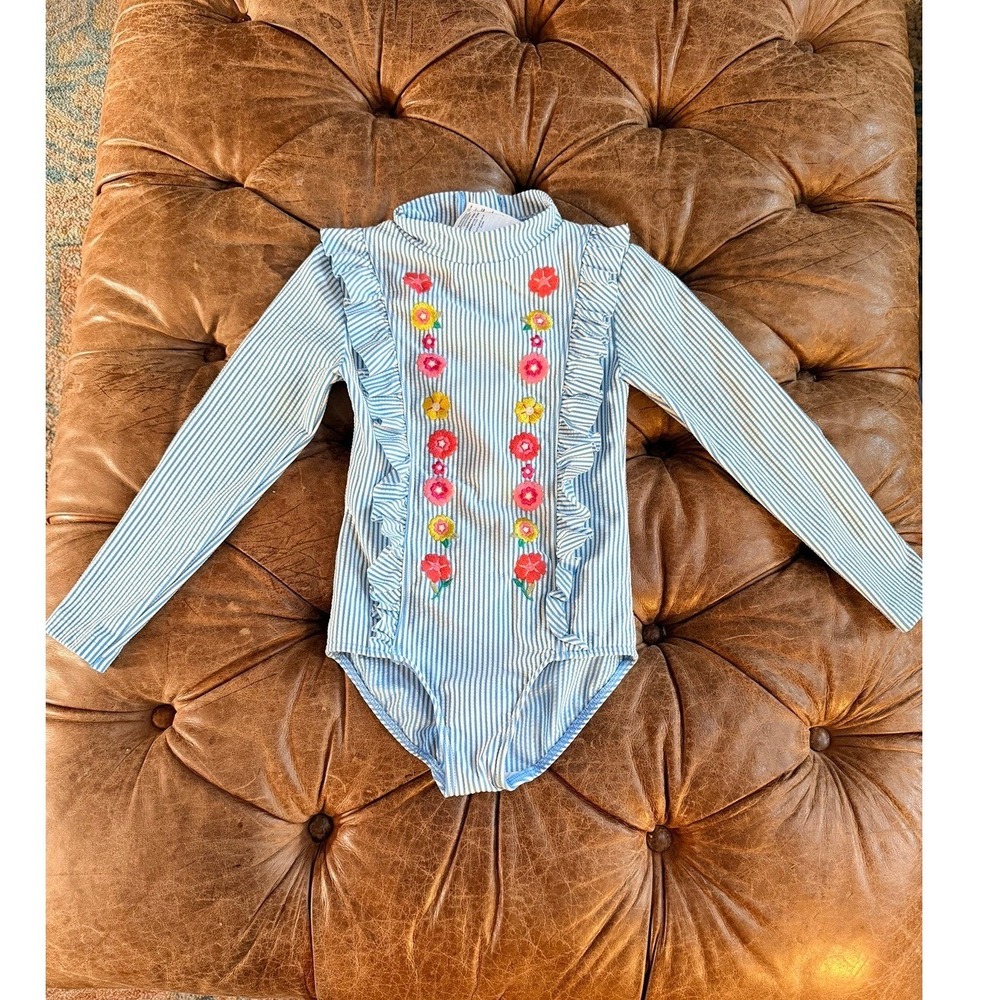 Mini Boden Girls Blue Seersucker Floral Embroidered Rash Guard Swimsuit 5-6